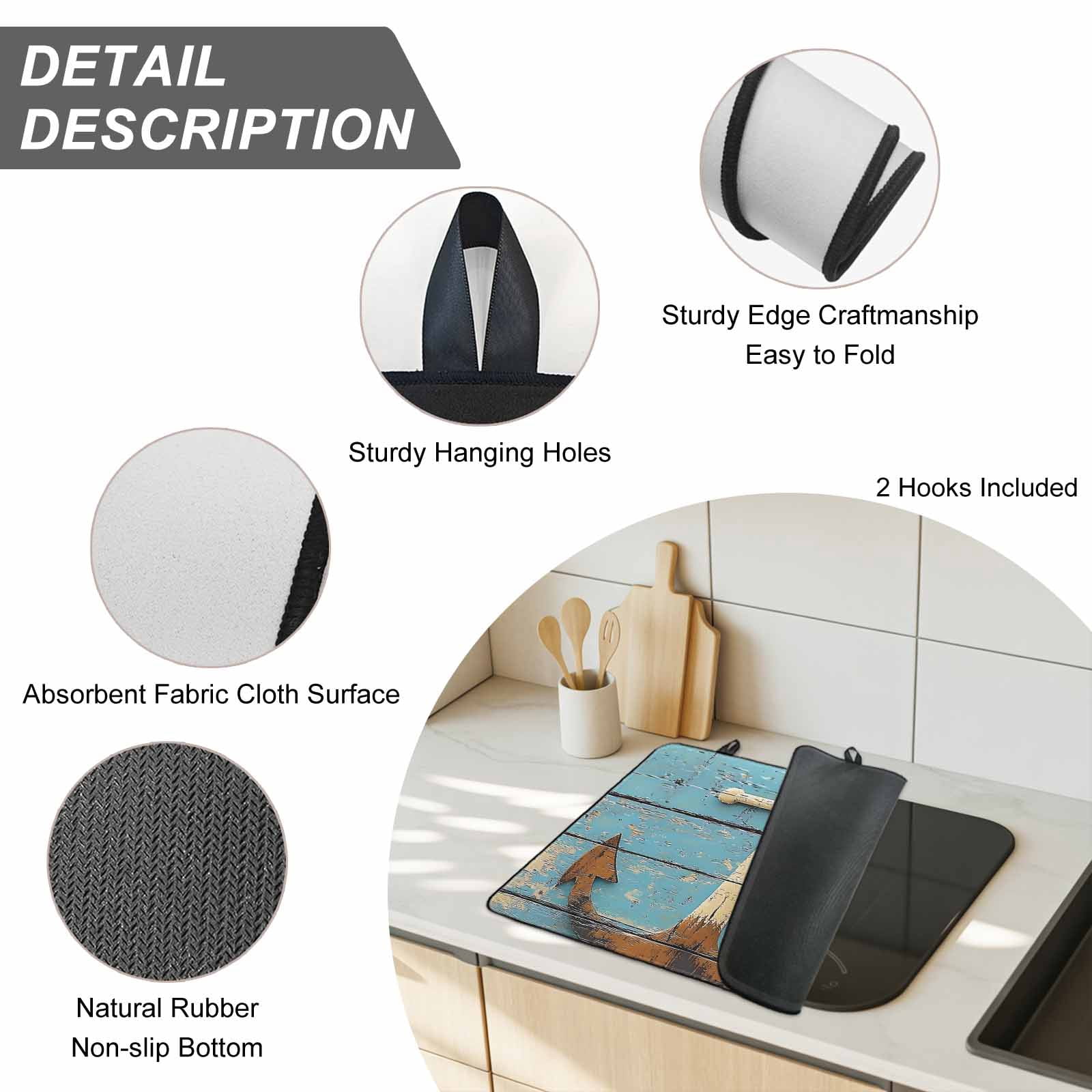 Vintage Anchor Stove Top Cover for Electric Stove, Heat-proof & Non Slip Glass Top Stove Cover Protector, Coastal Nautical Blue Brown Wooden Kitchen Flat Cooktop Rubber Mat 24x21 Inches
