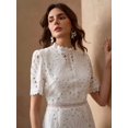 thumbnail image 6 of White Floral Lace High Neck Short Sleeve Sheath Midi Dress, 6 of 30