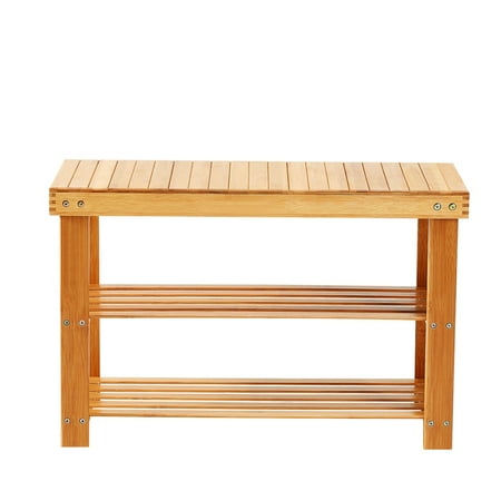 Natural Bamboo Shoe Rack Bench 2 Tier Shoe Organizer, Entryway Seat with Storage Shelf, Hallway 