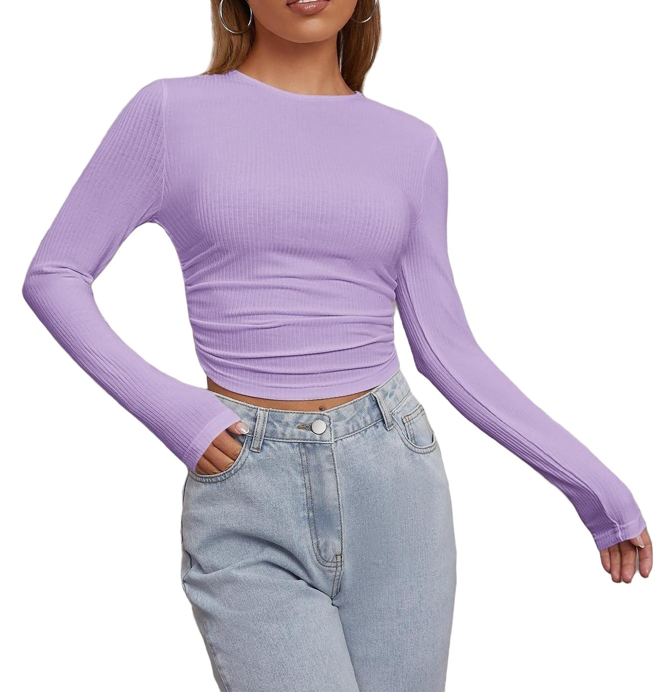 Casual Round Neck Long Sleeve Lilac Purple Womens T-Shirts (Women\'s)