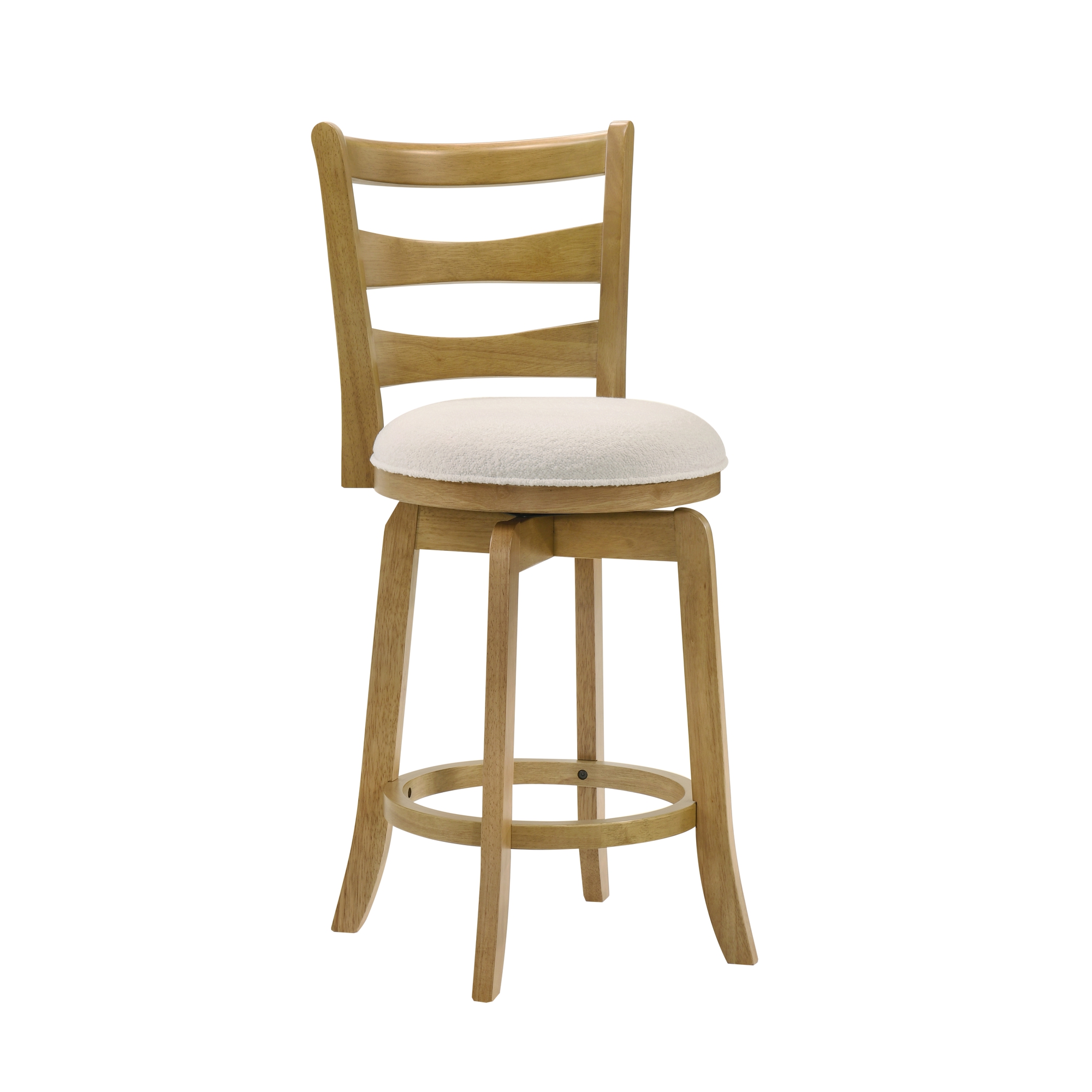Melindra Modern Farmhouse Swivel Wood Counter Height Kitchen Bar Stool in Amber Glow Finish with White Boucle Fabric Upholstered Seat - Set of 2