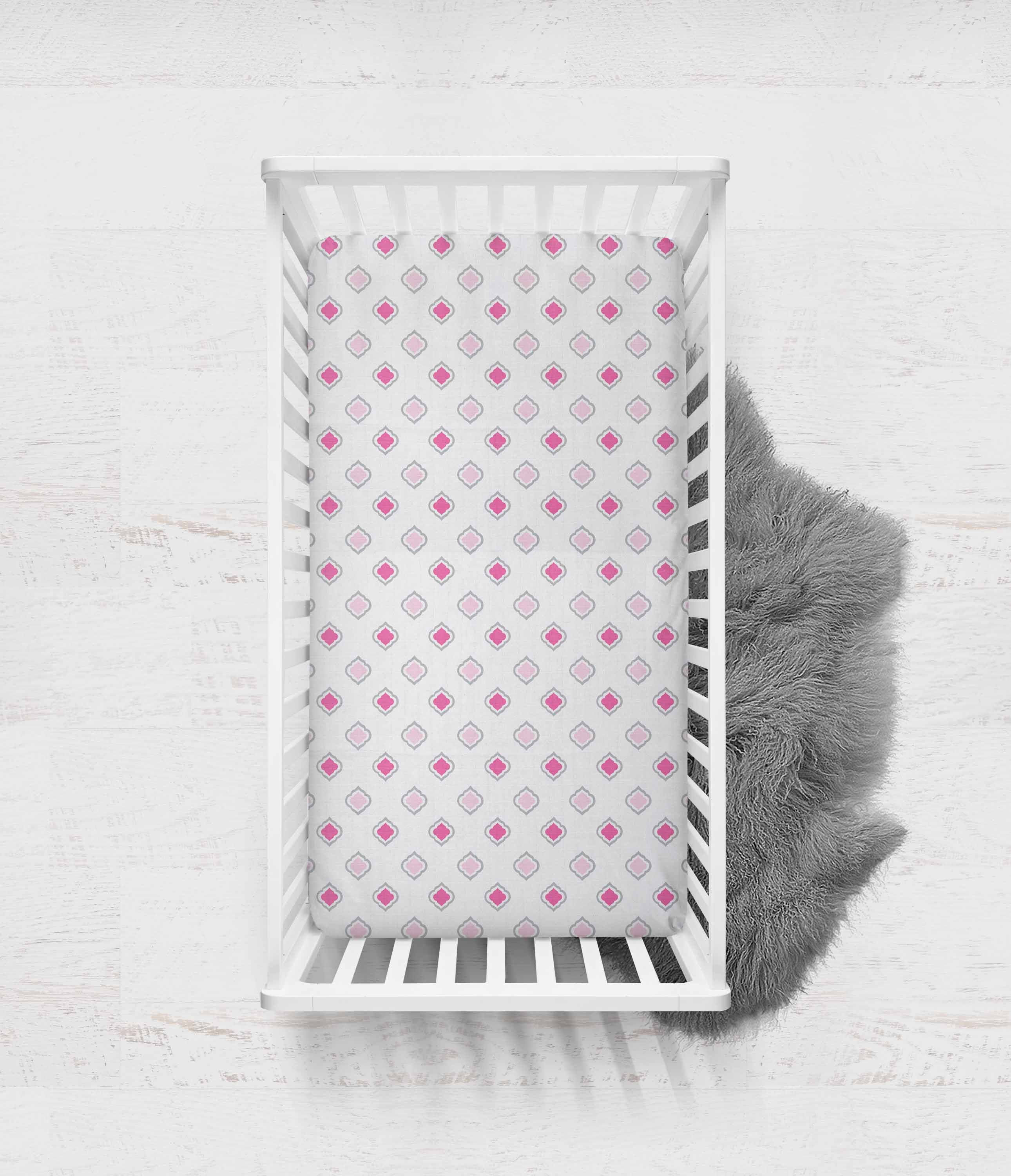 Bacati - Morocan Tiles Crib/Toddler Bed Fitted Sheets 100% Cotton Muslin 2 Pack, Pink/Gray