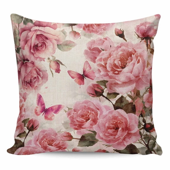 Pink Roses Pillow Covers 16x16 Inch Decorative Throw Pillow Cover, Spring Floral Elegant Pastoral Butterfly Retro Sofa Pillowcases Accent Cushion Case Home Decor Bedroom Living Room