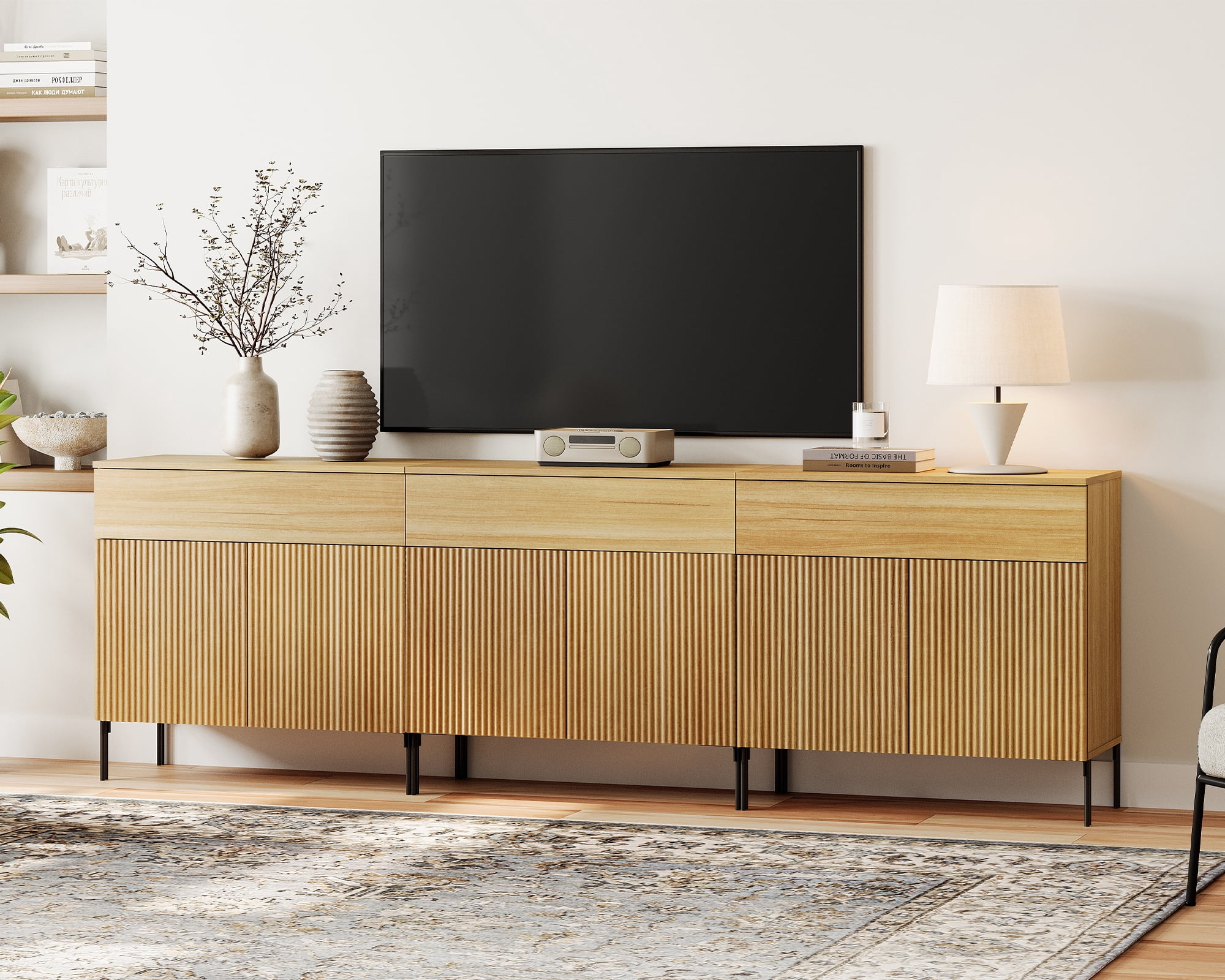 94.5" Modern Reeded TV Stand with Doors, Entertainment Center with Shelf, Wooden Media Console with Drawers for Living Room