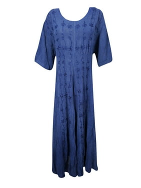 Mogul Women's Blue Maxi Dress Floral Embroidered Rayon Half Sleeves Flared Tie Back Comfy Long Dresses XL