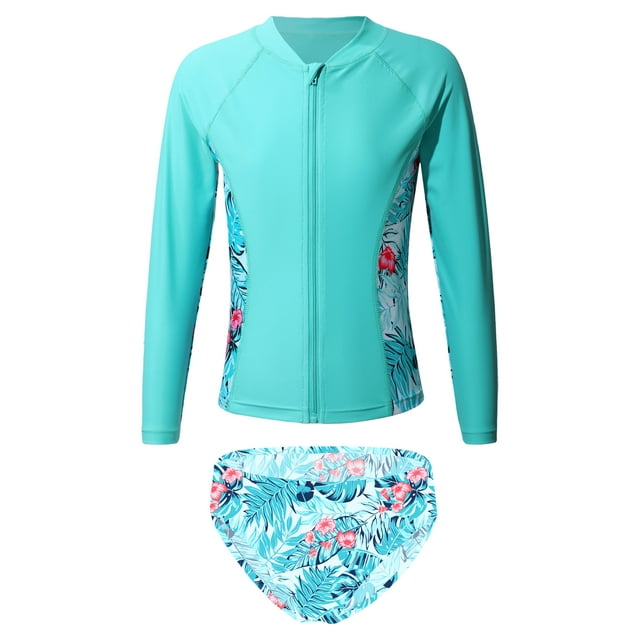 zdhoor Girls' 2 Piece Rashguard Swimsuit Set Teen Tropical Print Shirts with Bikini Bottoms Set Cute Leaf 8