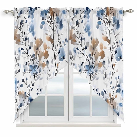 Blue Brown Spring Floral Swag Curtain Valances, Summer Botanical Art Kitchen Valance for Window, Rod Pocket Small Topper Drapes for Cafe Bedroom Bathroom 2 Panels Window Treatment 28"x36"