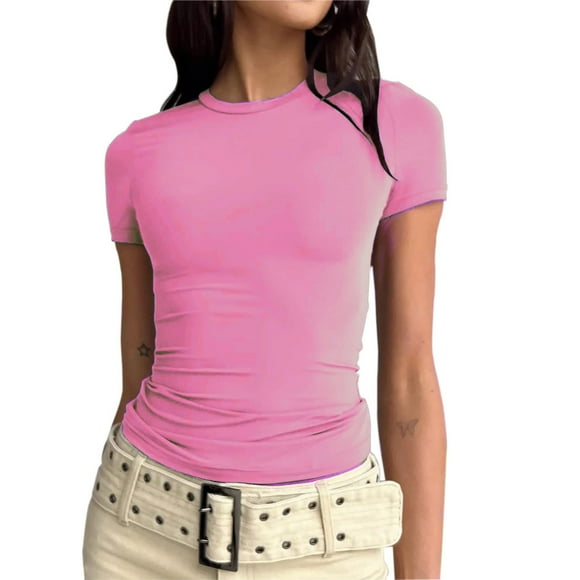 EGNMCR T Shirts for Women Women's Short Sleeve Solid Color Basics Crewneck Casual Top Pullover T-shirt