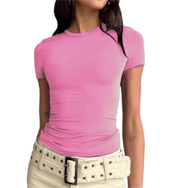 LSLJS T-Shirts pour Femmes T-shirt à Manches Courtes pour Femmes Couleur Unie Basique Col Rond Haut Décontracté Chandail T-shirt