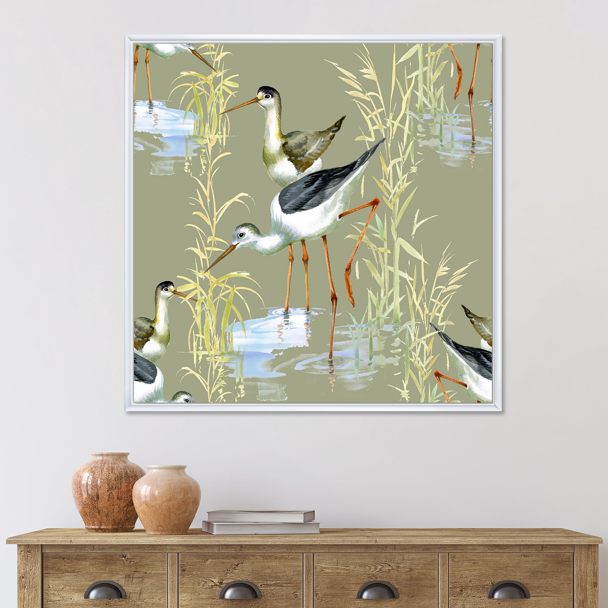 Herons Birds In The Gray Water 16 in x 16 in Framed Painting Canvas Art Print, by Designart