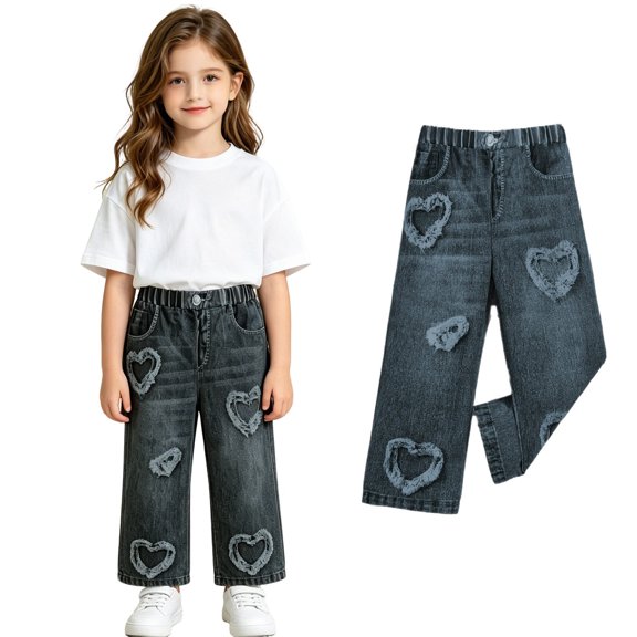 XINXIAOO Girls Denim Pants with Heart Print Casual Fashion Stretchy Soft Elastic Waist Summer Fall Clothes, Size 3T-8Y