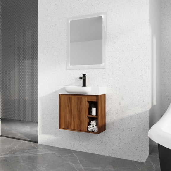 Noble House 24" Wall-Mounted Bathroom Vanity with White Ceramic Sink, Soft Close Door, KD-Packing Floating Cabinet, Space-Saving Design for Small Bathroom or Powder Room, Brown Ebony