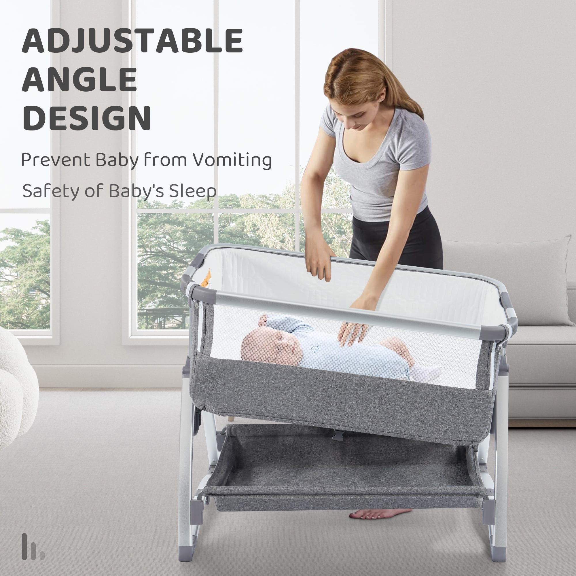 Signature Fitness Baby Cradle with Aluminum Frame and Cotton-Linen Fabric, Gray, Portable and Comfortable Infant Rocking Bassinet