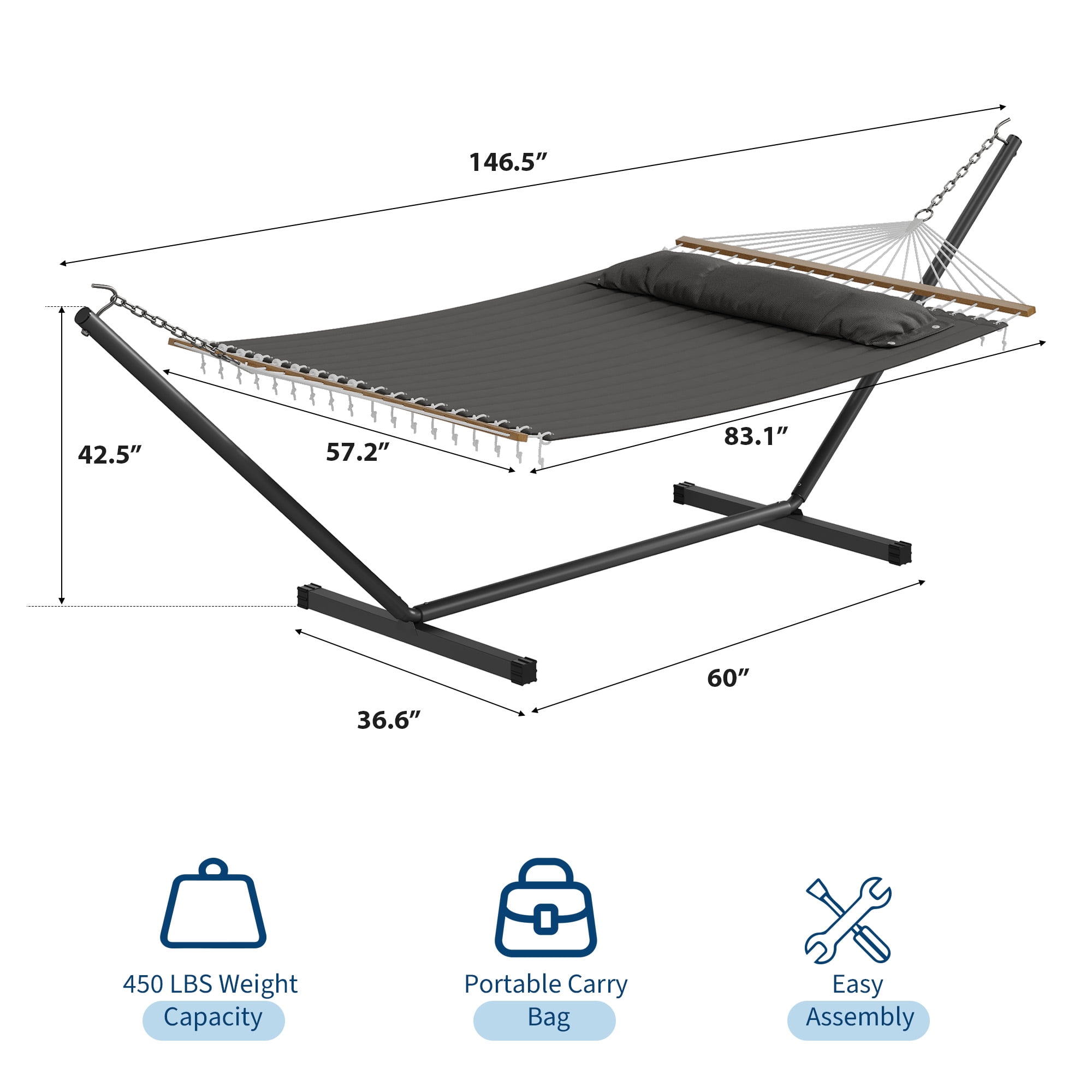 IdealHouse 57" Double Hammock with Heavy Duty Stand – 2 Person Hammock, Widening Cotton Fabric Design, 450 LB Capacity for Indoor & Outdoor Use (Dark Grey)