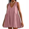 thumbnail image 2 of YI YI Women's V Neck Sleeveless Mini Dress Loose Summer Pleated Swing Flowy Sundress M Watermelon Red, 2 of 7