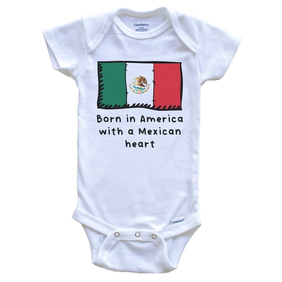 Born In America With A Mexican Heart Cute Mexico Flag Baby Bodysuit, 0-3 Months White