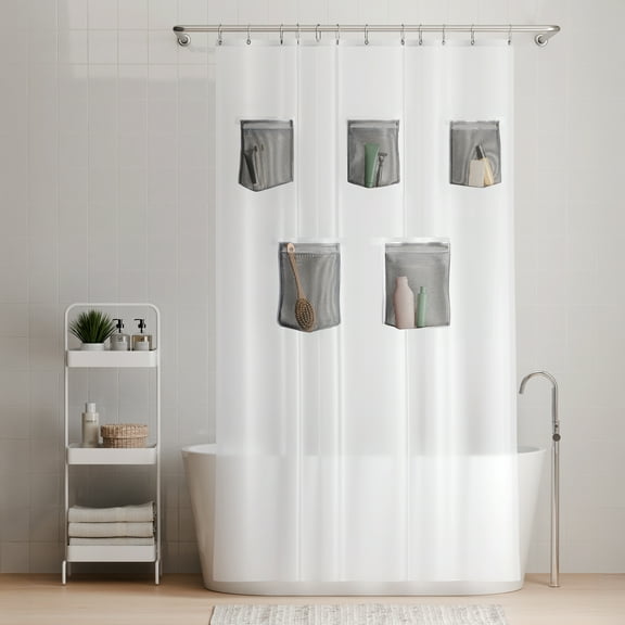 Rubbermaid Frosty Heavyweight Waterproof PEVA Shower Curtain Liner with Storage Pockets, BPA-Free, 70 x 72 Inches