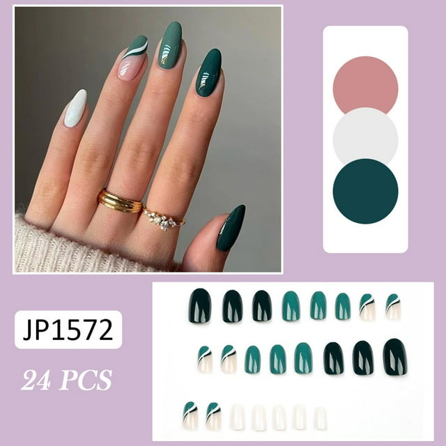 DEBGFS 24 Pcs Faux Ongles Verts Brillants et Doux, Faux Ongles Français Portables pour Femmes et Filles, Colle Gelée, jellyglue