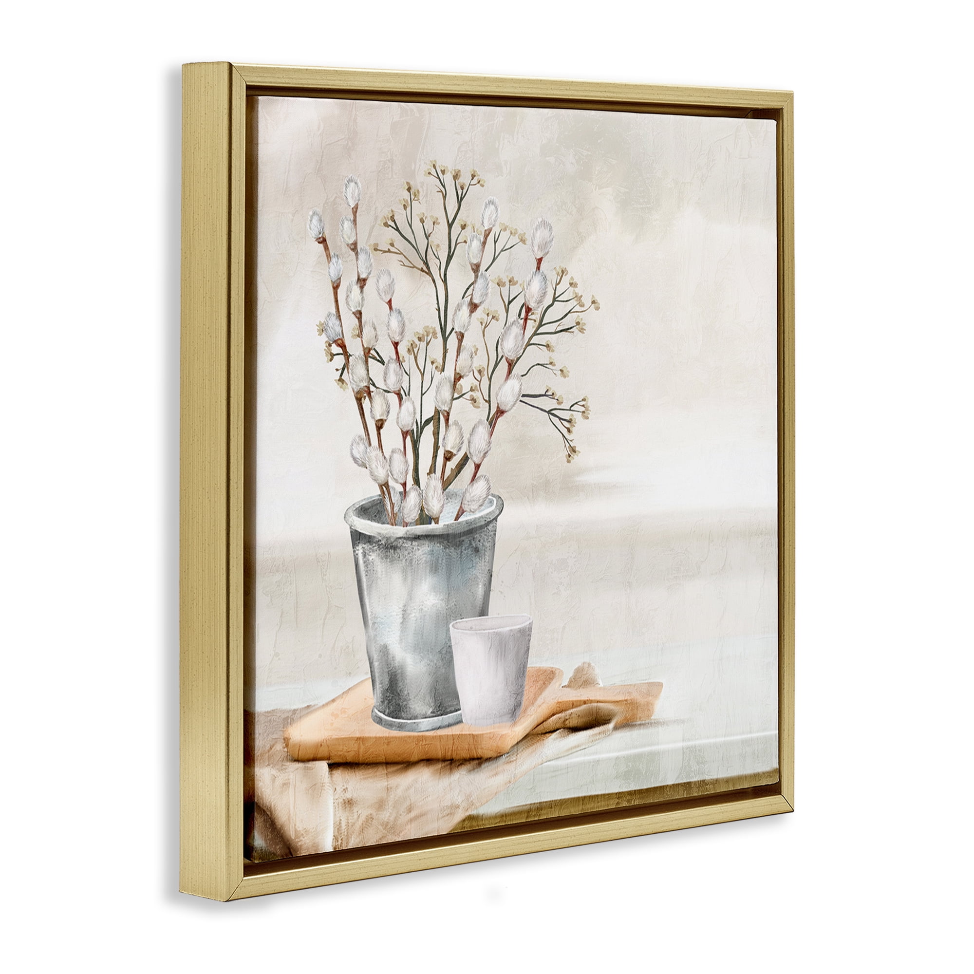 Stupell Industries Pussy Willow Still Life Botanical & Floral Painting Gold Floater Framed Art Print Wall Art, 25 x 25