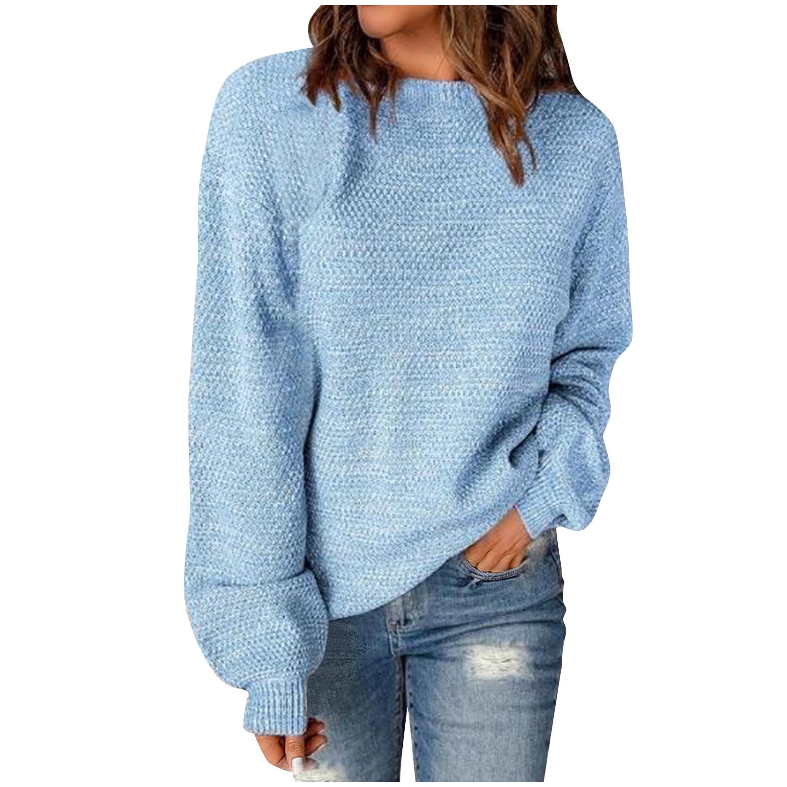 Free Shipping Women's Oversized Crewneck Sweater Puff Long Sleeve Cable Slouchy Pullover Jumper Tops Classic Solid Knit Sweaters