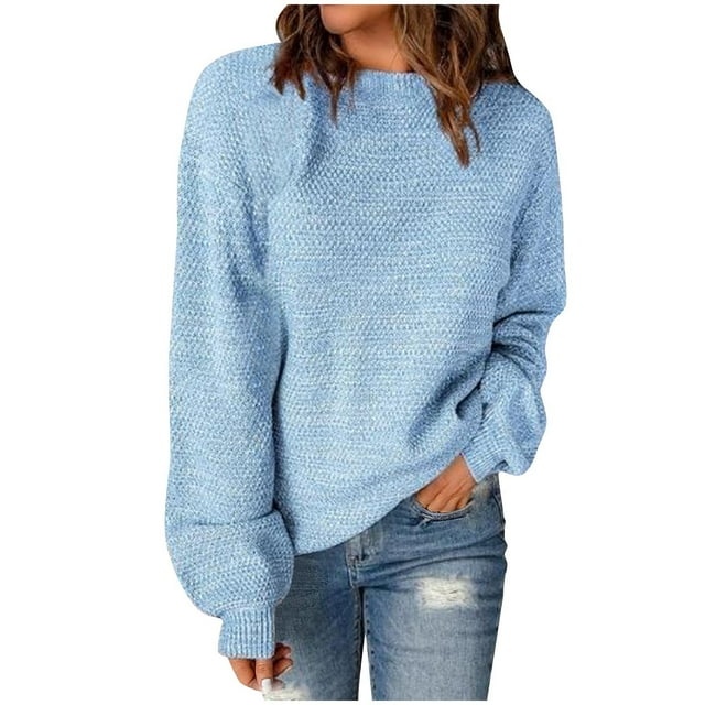 Pisexur Chandail à Col Rond Surdimensionné pour Femme, Uni, Manches Chauve-Souris Bouffantes à Revers, Chandail Tricoté, Haut à Manches Longues, Chandail Ample d'Automne, Chandail, Jumper, Hauts