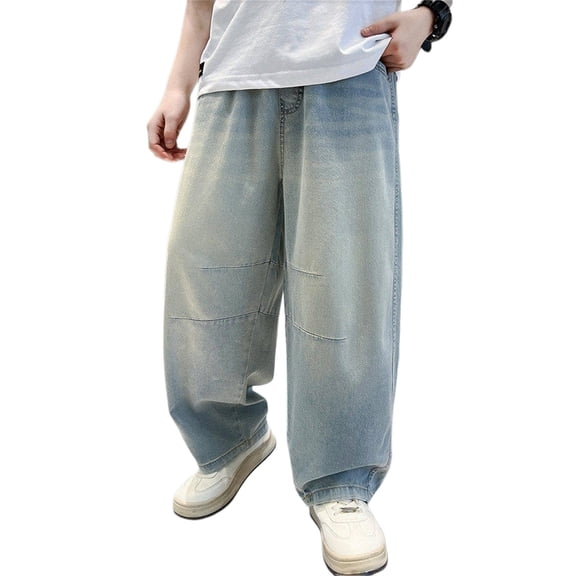 Boys Baggy Jeans Wide Leg Elastic Waist Casual Denim Pants for Boys Jean Pants Ripped Summer Loose Streetwear Teen Trousers