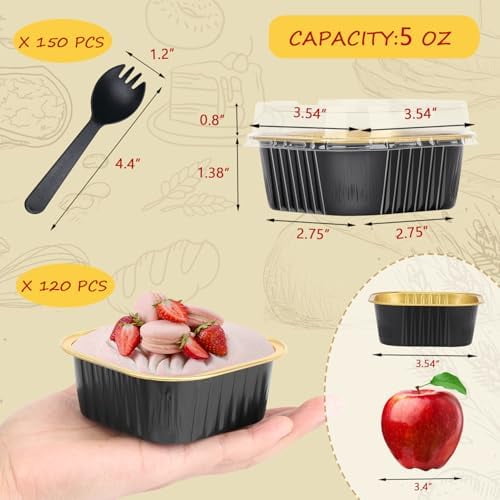 120pack 5oz Mini Cake Pans with Lids, Disposable Ramekins Muffin Tins Cupcake Baking Cups,Small Aluminum Foil Brownie Baking Pan Containers Mini Cheesecake Holders-Black