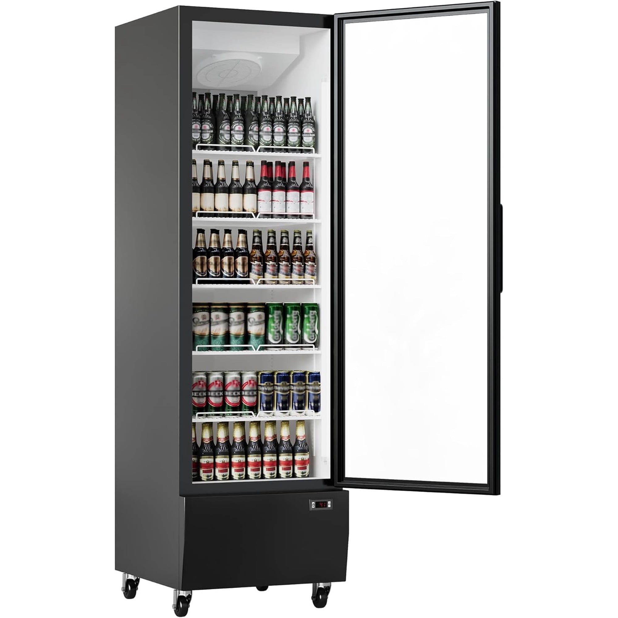 380L 13.4 Cu.Ft 110V 275W US Standard Color-Coated Metal Sheet Single-Door Glass Door Refrigerated Display Cabinet Without Lightbox with 5 Adjustable Shelves LG-FC620P Black for Restaurant Store Bar