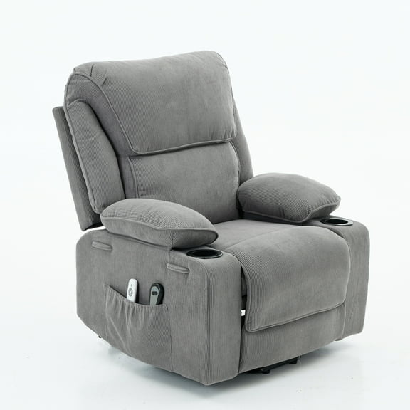 Noble House Corduroy Recliner with Heat & Massage, Remote-Control Assist Chair for Seniors, Gray