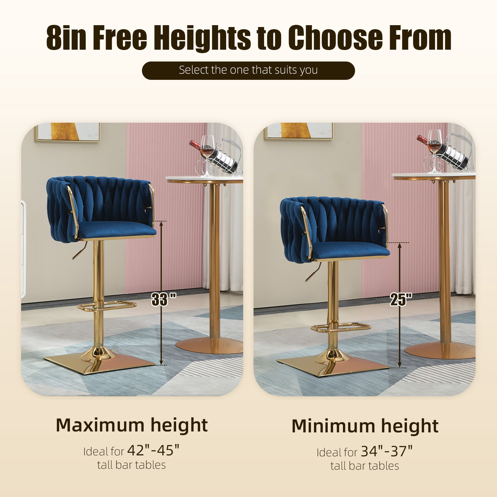 Villeston 360°Swivel Bar Stools Velvet Upholstered Adjustable Bar Chairs Set of 2 with Back & Footrest for Home and Kitchen,Navy Blue