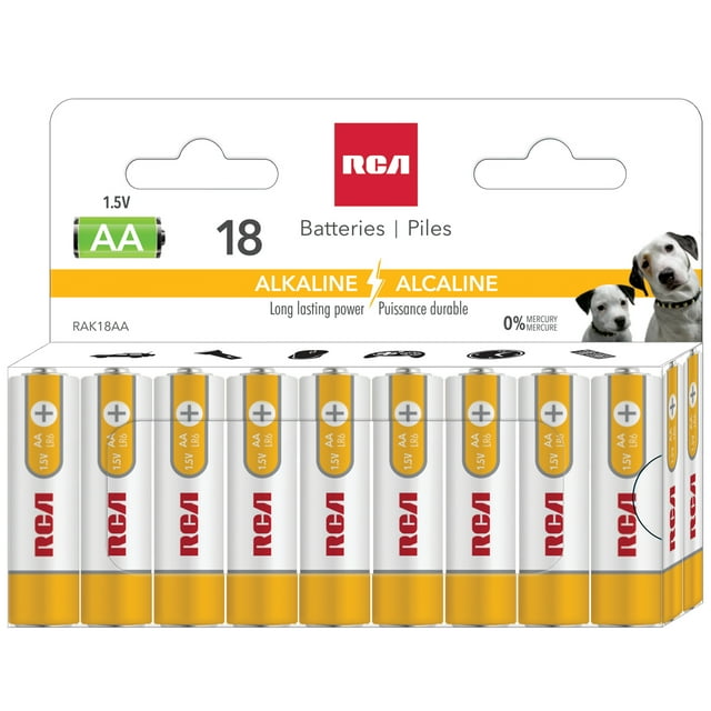 RCA Lot de 18 Piles Alcalines AA à Puissance Longue Durée, Présentées dans un Emballage de Vente au Détail. l'Emballage Met en Valeur des Caractéristiques comme une composition Sans Mercure et la Compatibilité avec Divers Appareils comme les Jouets, les Télécommandes et les Lampes de Poche. les Piles Ont un design Jaune et Blanc avec le logo RCA Imprimé sur Chaque Unité.