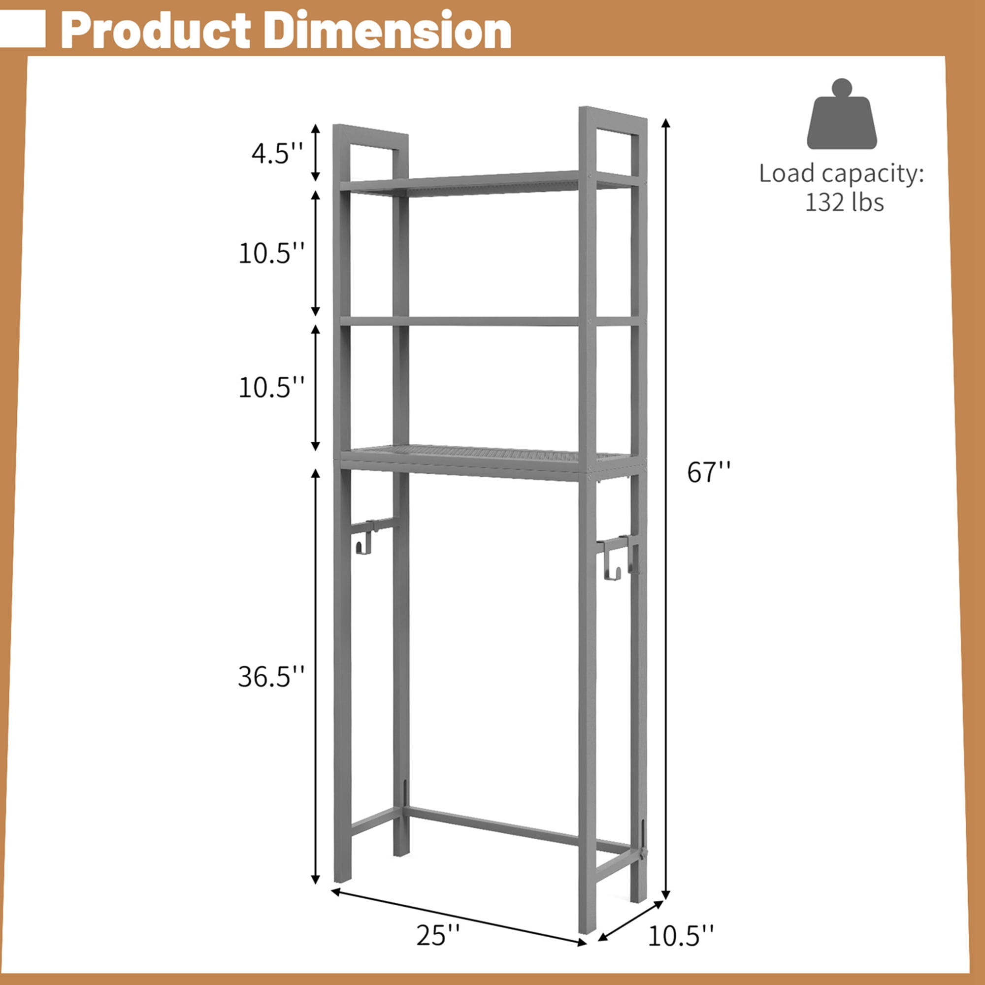 Costway Over-The-Toilet Storage Shelf Space Saving Metal Bathroom Organizer Hooks Grey