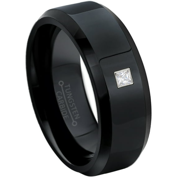 0.05ctw Princess Cut Diamond Tungsten Ring - 8MM Polished Black IP Beveled Edge Tungsten Carbide Wedding Band - April Birthstone Ring - 14kt White Gold Bezel - TN084PS-1WDs9.5