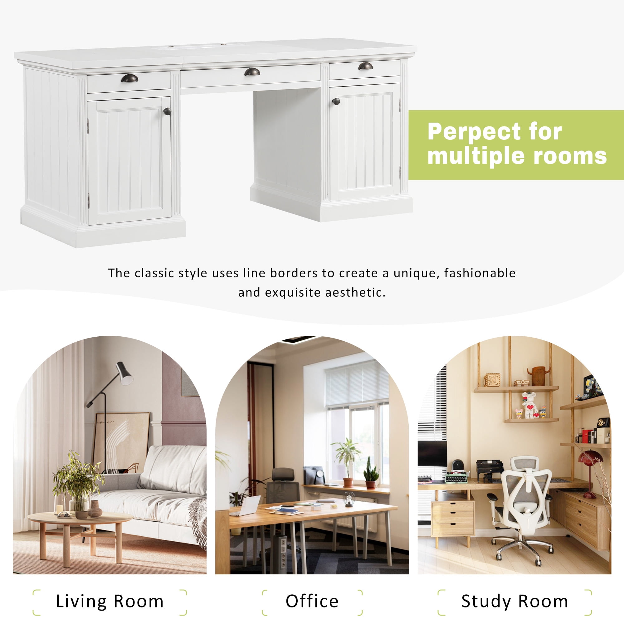 DTTRA 67" Modern Executive Desk with 3 Drawers & 2 Cabinets, Built-in Outlets, White
