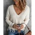 thumbnail image 2 of Lenpel Sweaters for Women Lightweight V Neck Long Sleeve Frayed Pullover Tops Loose Casual Crop Knitted Sweater, 2 of 7