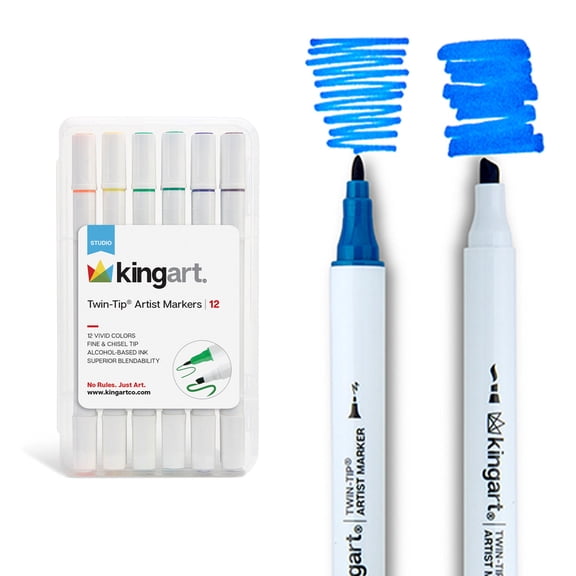 KINGART Studio Twin-Tip™ Permanent Alcohol-Based Sketch Markers, Storage/Travel Case, Set of 12 Unique Colors
