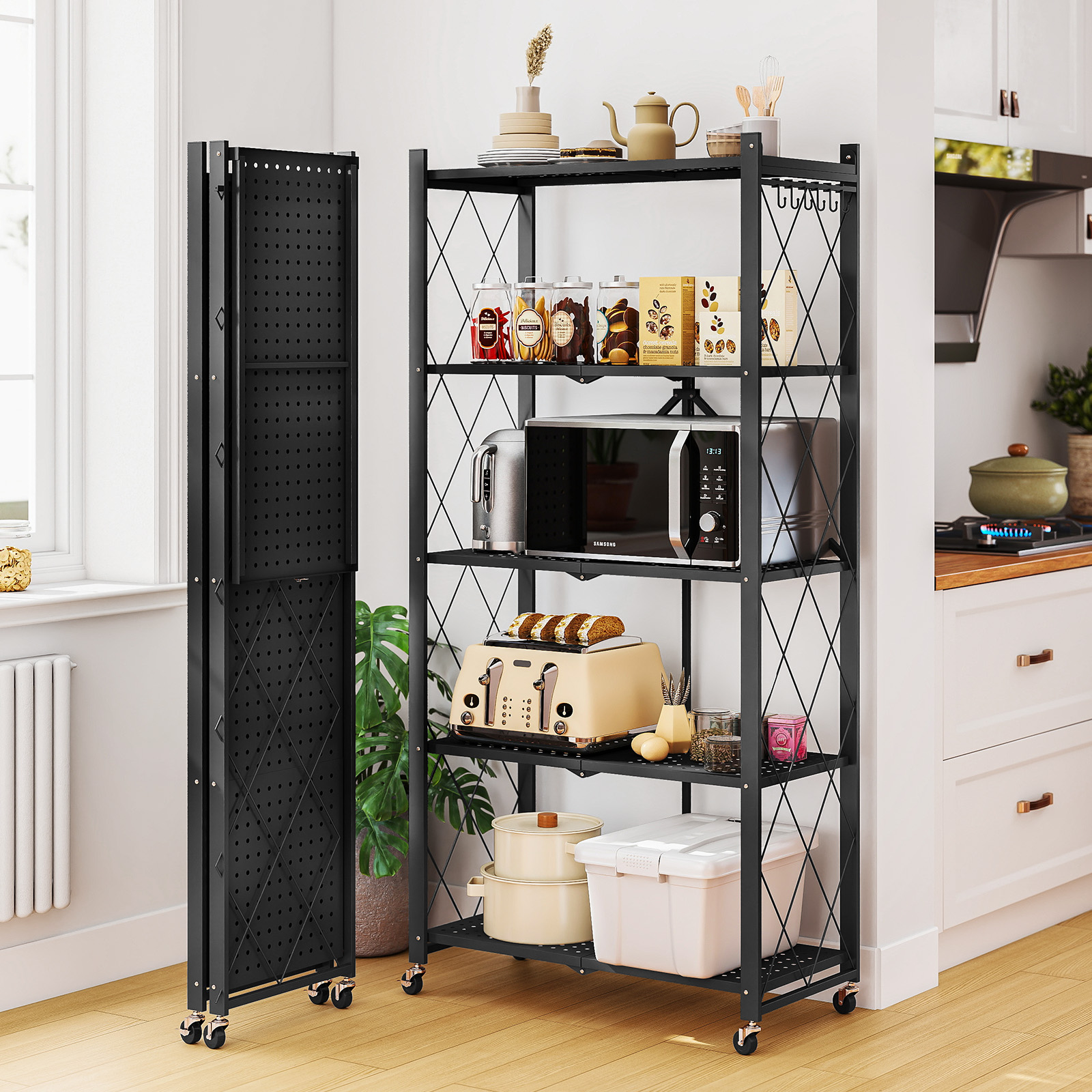 Vebreda 5-Tier Foldable Metal Storage Shelf with Wheels, No-Assembly Collapsible Shelving Unit, Heavy-Duty Rolling Organizer Rack