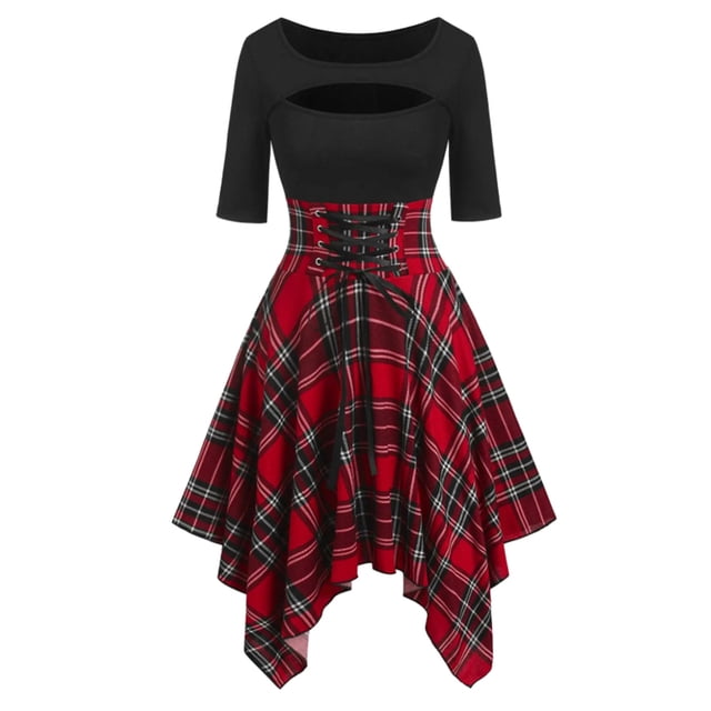 outfmvch Robe à Manches Longues pour Femmes Hauts à Carreaux Grande Taille Robe Mouchoir à Manches Courtes Irrégulière Robes d'Automne pour Femmes
