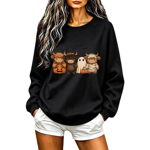 Staron Cute Halloween Sweaters for Women Round Neck Long Sleeve Loose Casual Oversized Fall Tops Black L