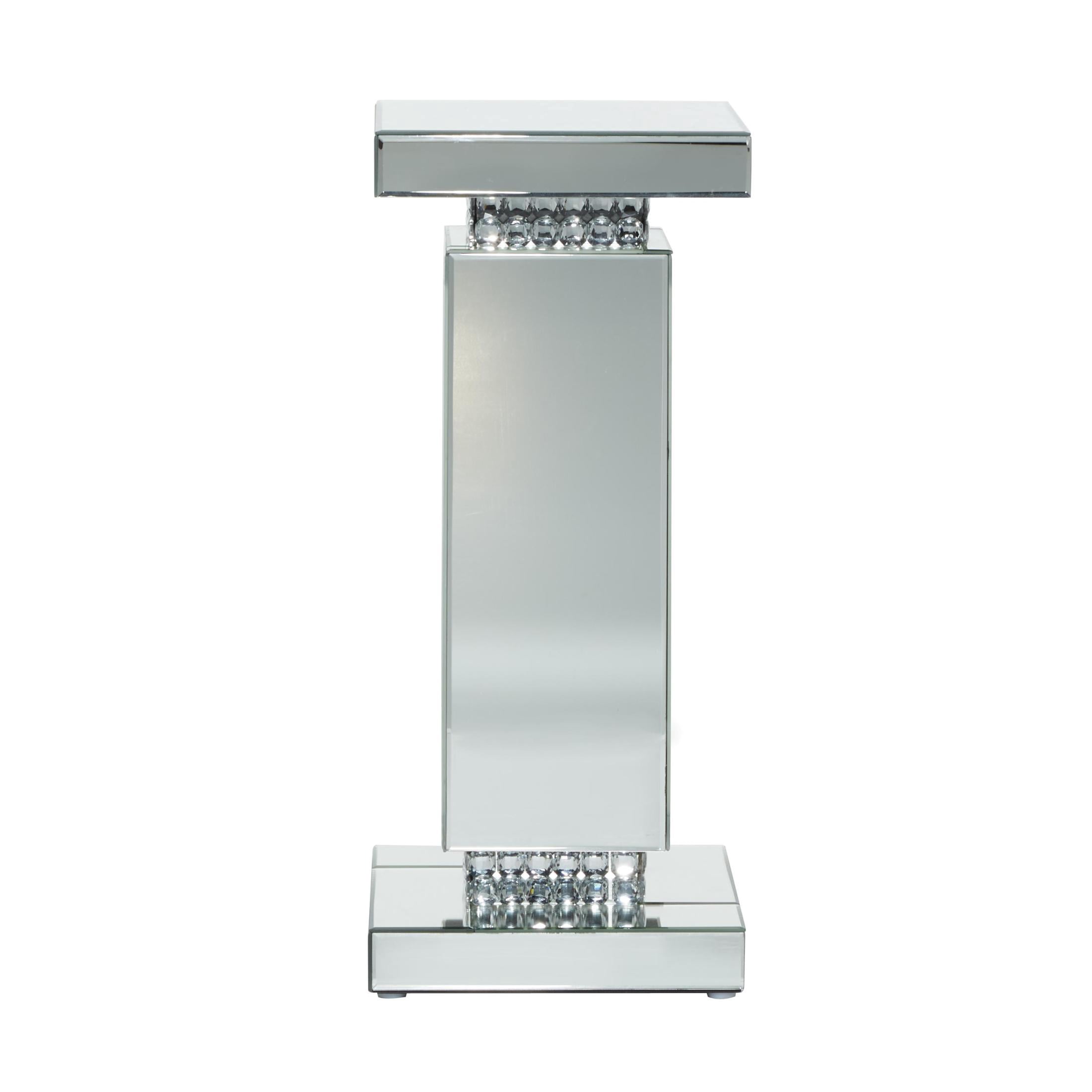 DecMode 12" x 28" Silver Glass Cutout Mirrored Pedestal Table with Beaded Crystal Accents, 1-Piece