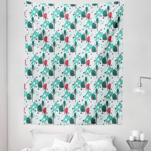 Modern Teal Tapestry, Winter Landscape Snowy Forest Cartoon Pastel Continuous Pattern, Fabric Wall Hanging Decor for Bedroom Living Room Dorm, 5 Sizes, Coral Pale Blue Burgundy, by Ambesonne