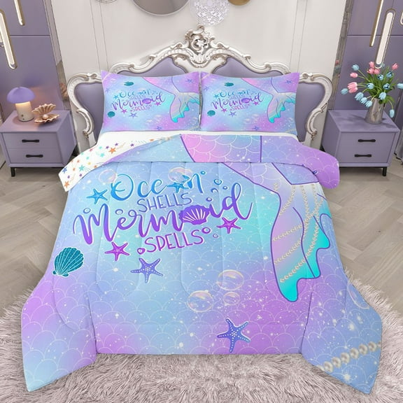 Homewish Marine Mermaid 2pcs Bedding Comforter Set for Kids Teens Girls,Ocean Sea Princess Twin Comforter Sets,Blue Purple Gradient Breathable Bedding Set,Ultra Soft Home Decor,Reversible