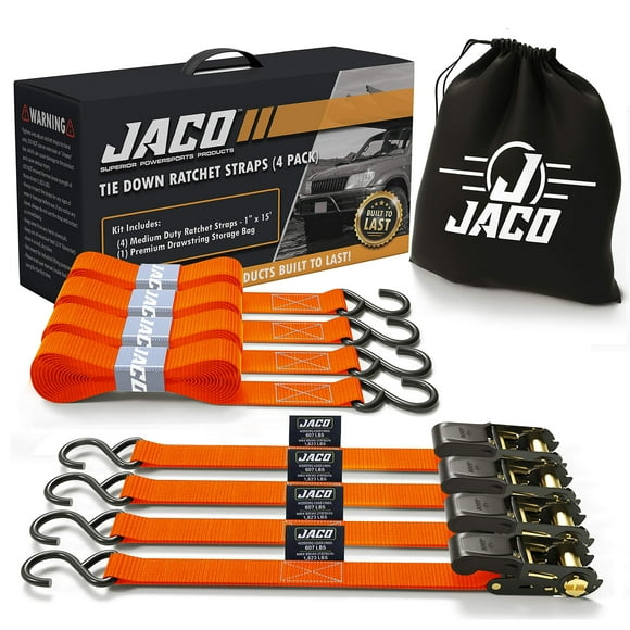 JACO Sangles de Retenue à Cliquet - 1 Po x 15 Pi (Lot de 4) / 1 823 Lb (Orange)