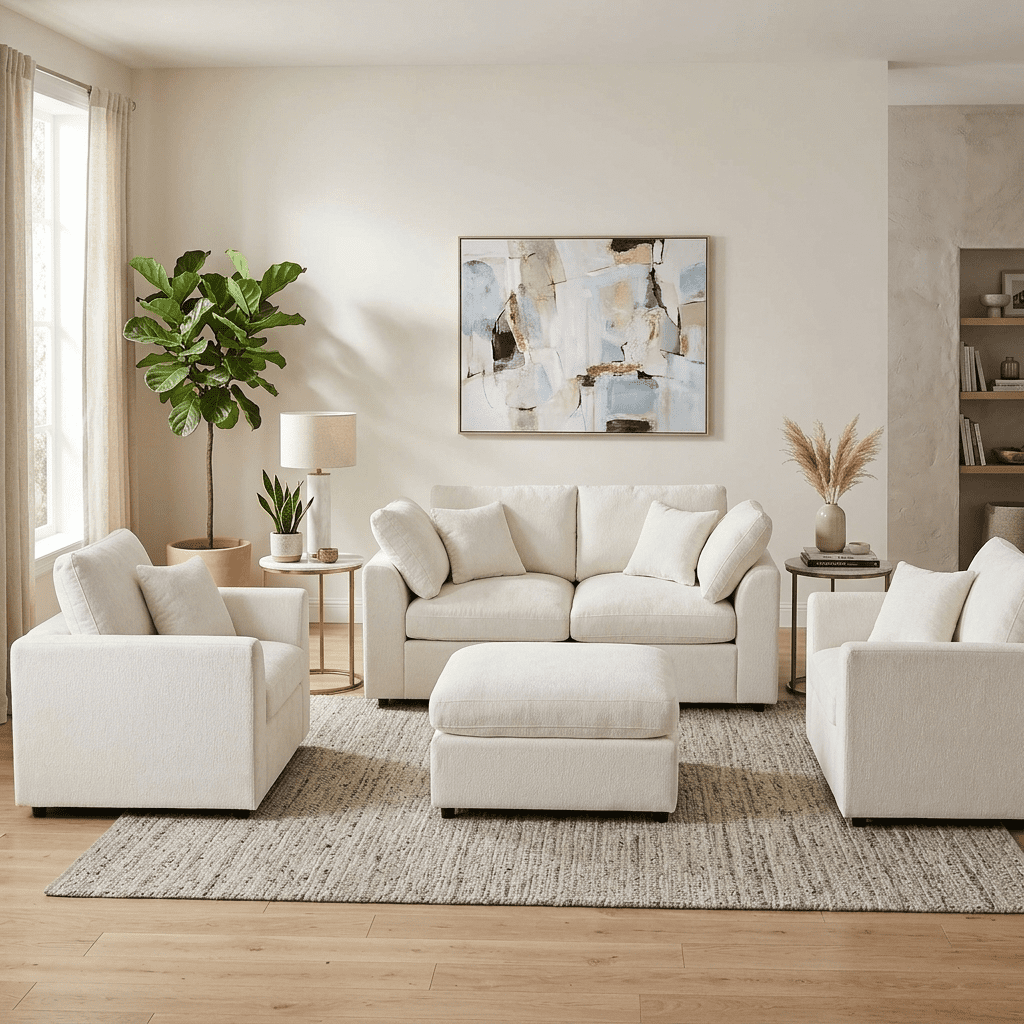 Howcool 4-Piece Modular Sectional Sofa Set,2 Accent Chairs + Loveseat + Movable Ottoman,Chenille Sofa Couch with Solid Wood Frame for Living Room Furniture,Beige