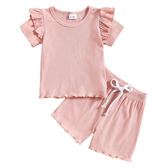 GYRATEDREAM Toddler Baby Girl Summer Clothes Set Ruffle Knit Ribbed Short Sleeves T-Shirts Tops Shorts 2Pcs Infant Short Set