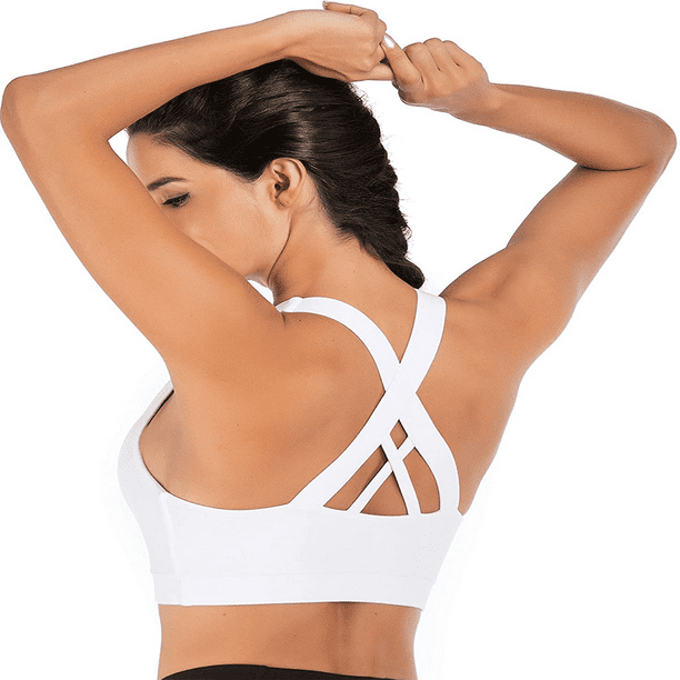 Sports Bra for Women, Criss-Cross Back Padded Strappy Sports Bras Medium  Support Yoga Bra with Removable Cups White XL 