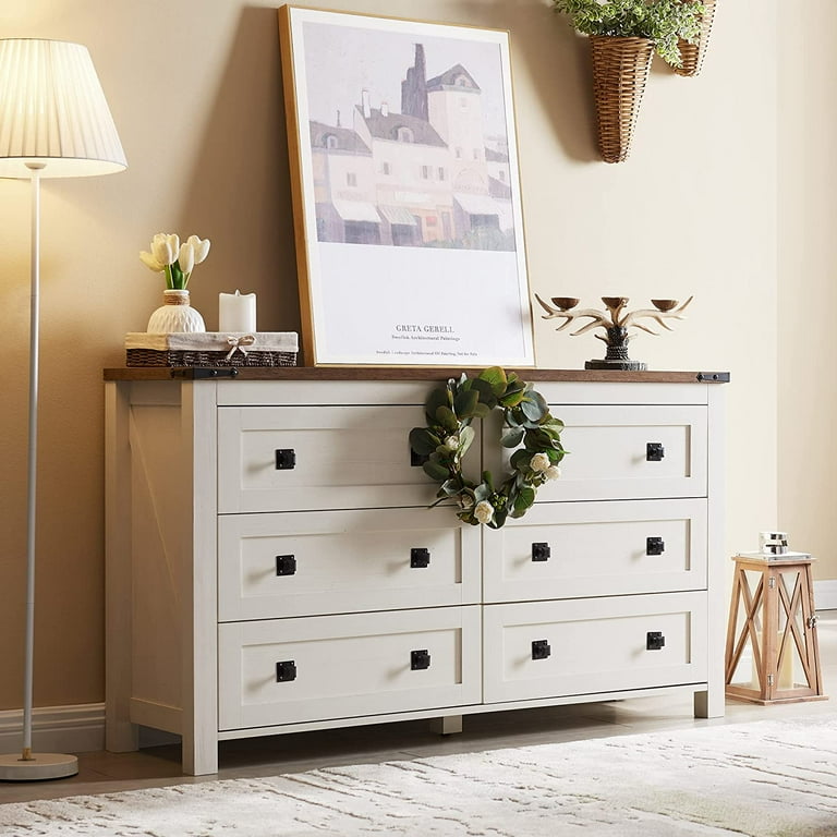 OKD 6 Drawers Dresser Chests for Home Bedroom Farmhouse Wood Rustic Tall Chest of Drawers Pull Drawers off White