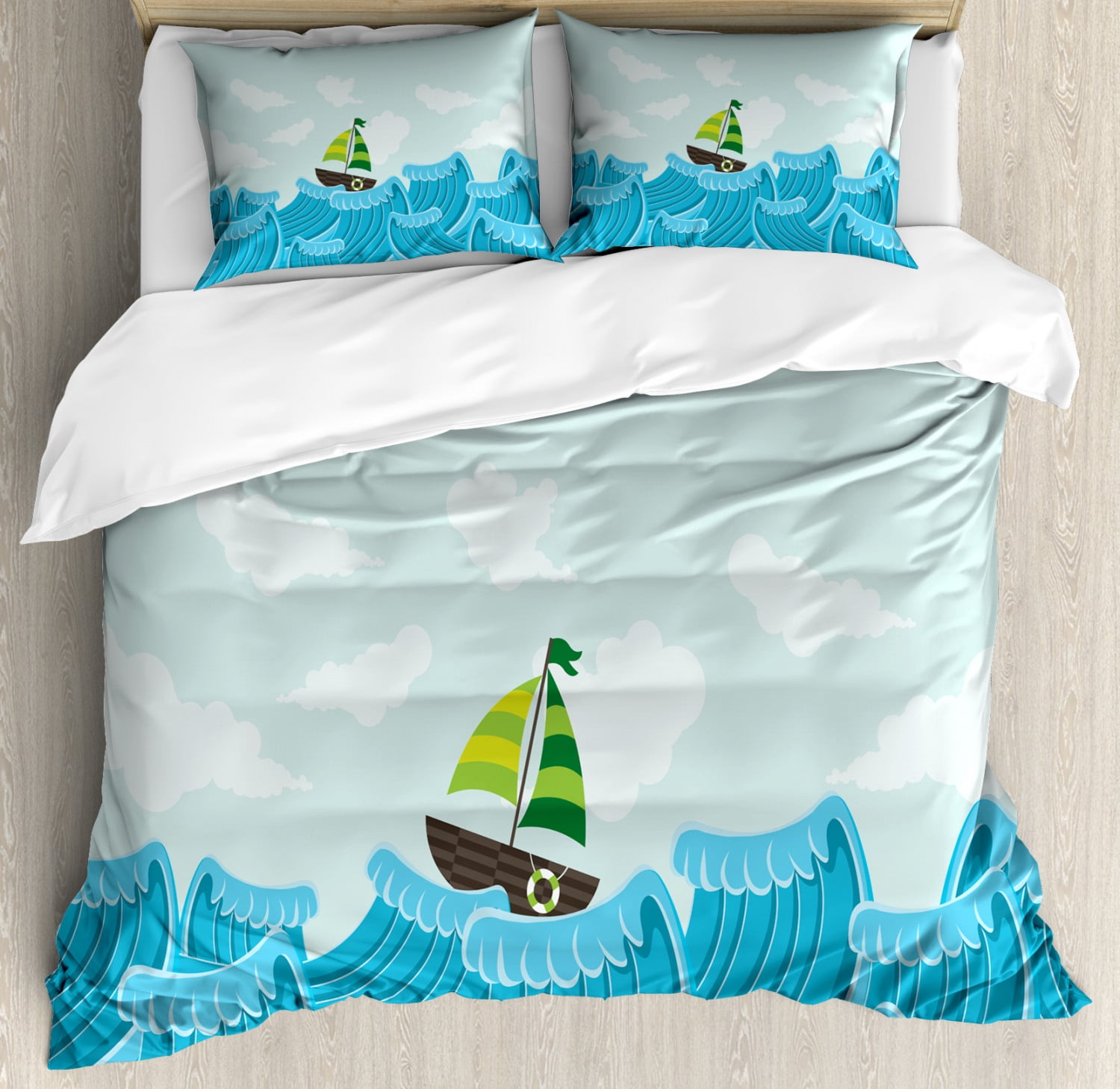 Ocean Duvet Cover Set, Sailing Boat on the Sea Life with Waves and the