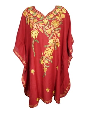 Mogul Womens Red Short Kaftan Dress Floral Embellished Beach Cover Up Caftan One Size