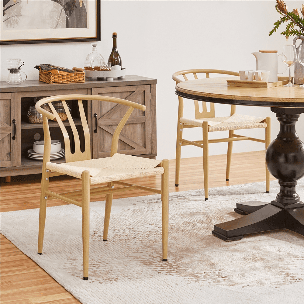 Alden Design Mid-Century Weave Dining Chairs with Solid Metal Frame, Wood